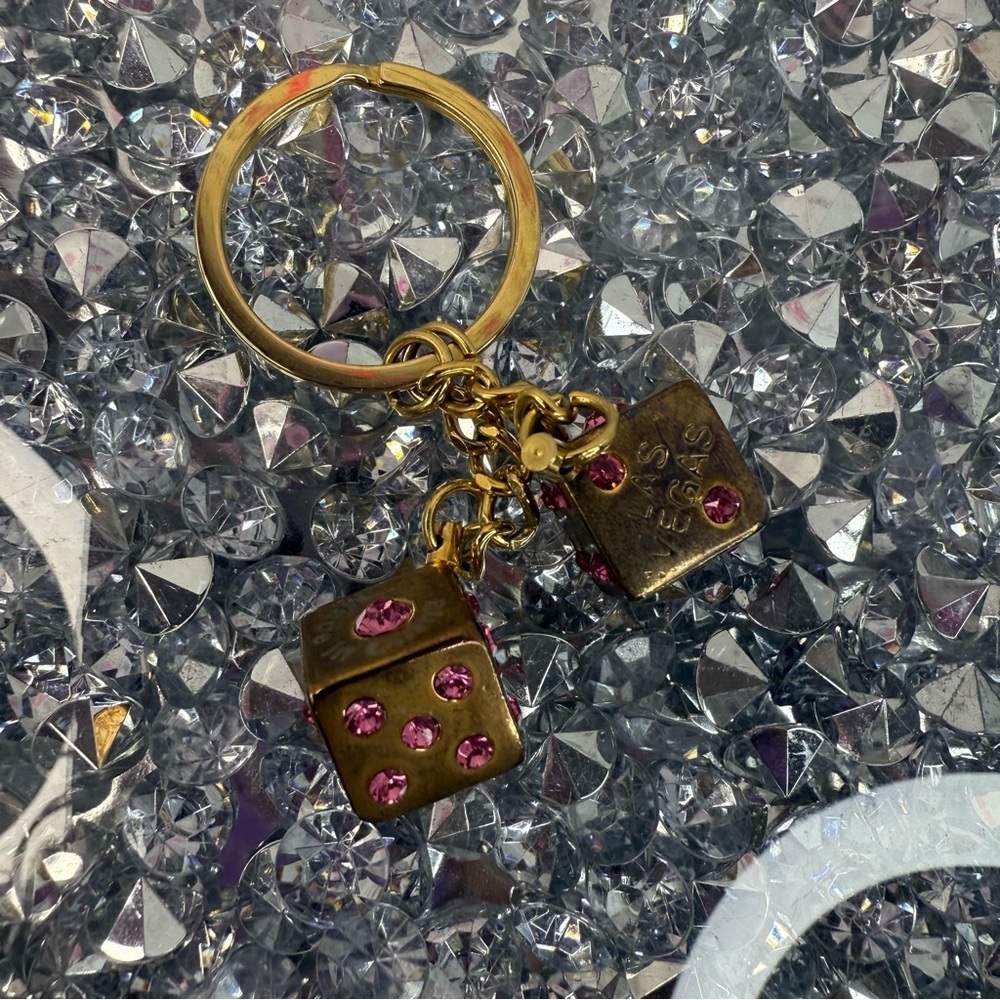 Gold Las Vegas Keyring with Pink Crystal Dice Charm